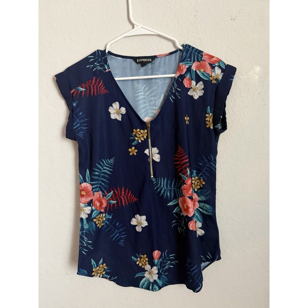 Express Women’s Navy Floral Zip-Front Cap-Sleeve Blouse Size XS